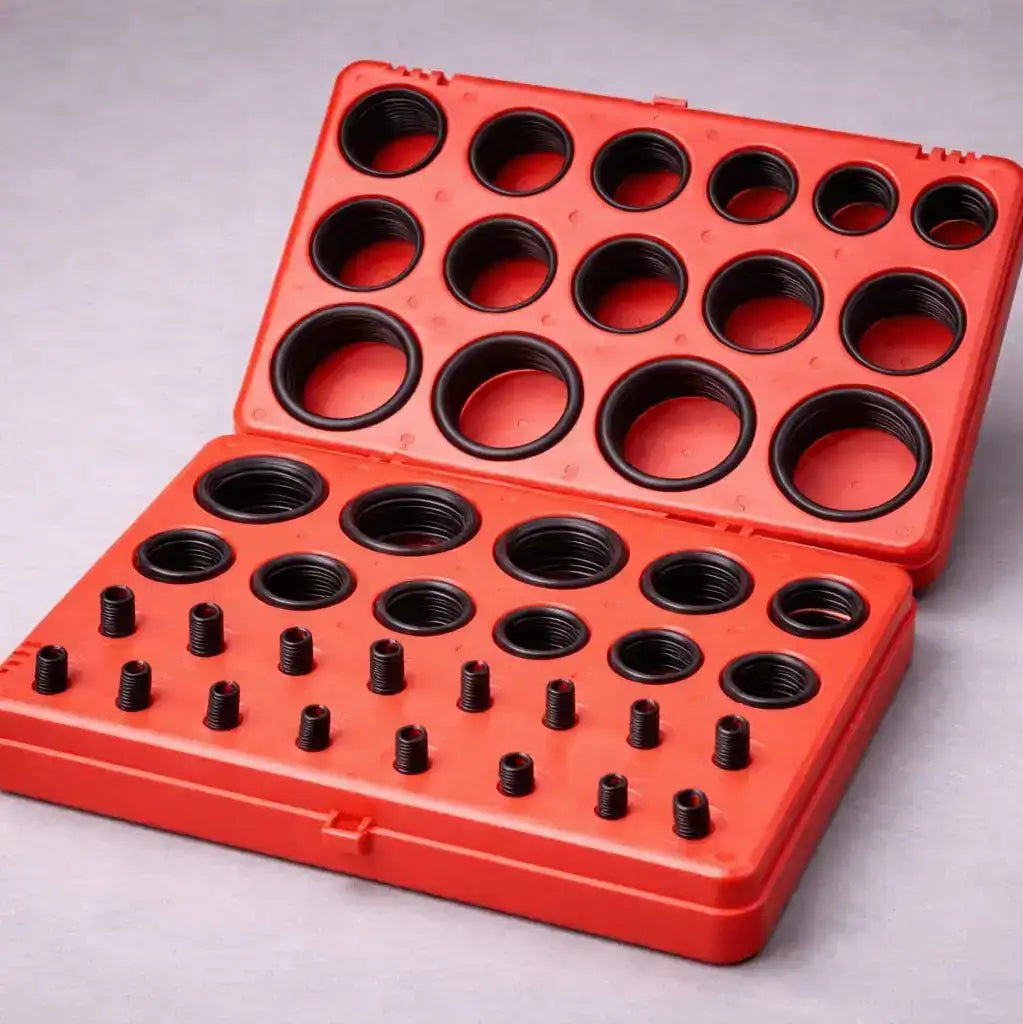 Assorted black rubber O-ring kit in red case with multiple BS and ISO standard sizes