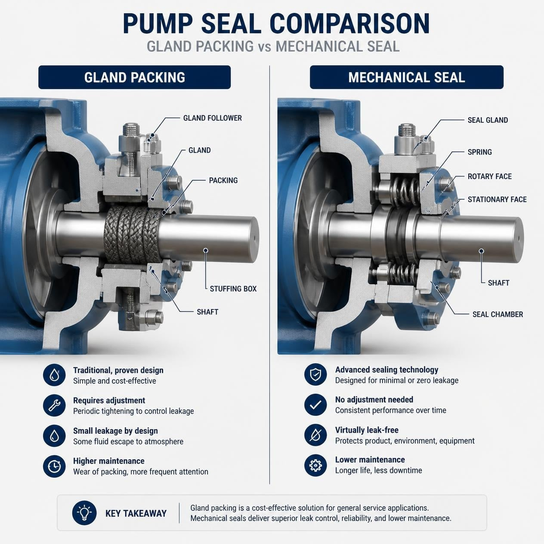 Pump seal comparison diagram showing gland packing vs mechanical seal components including stuffing box, gland follower, rotary face and stationary face — Kaybin South Africa
