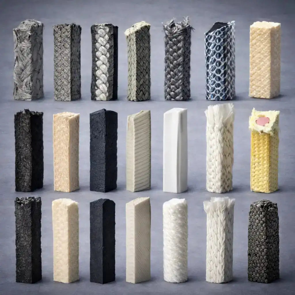 Braided PTFE, graphite and aramid gland packing in square cross-sections for pump and valve stuffing box sealing.
