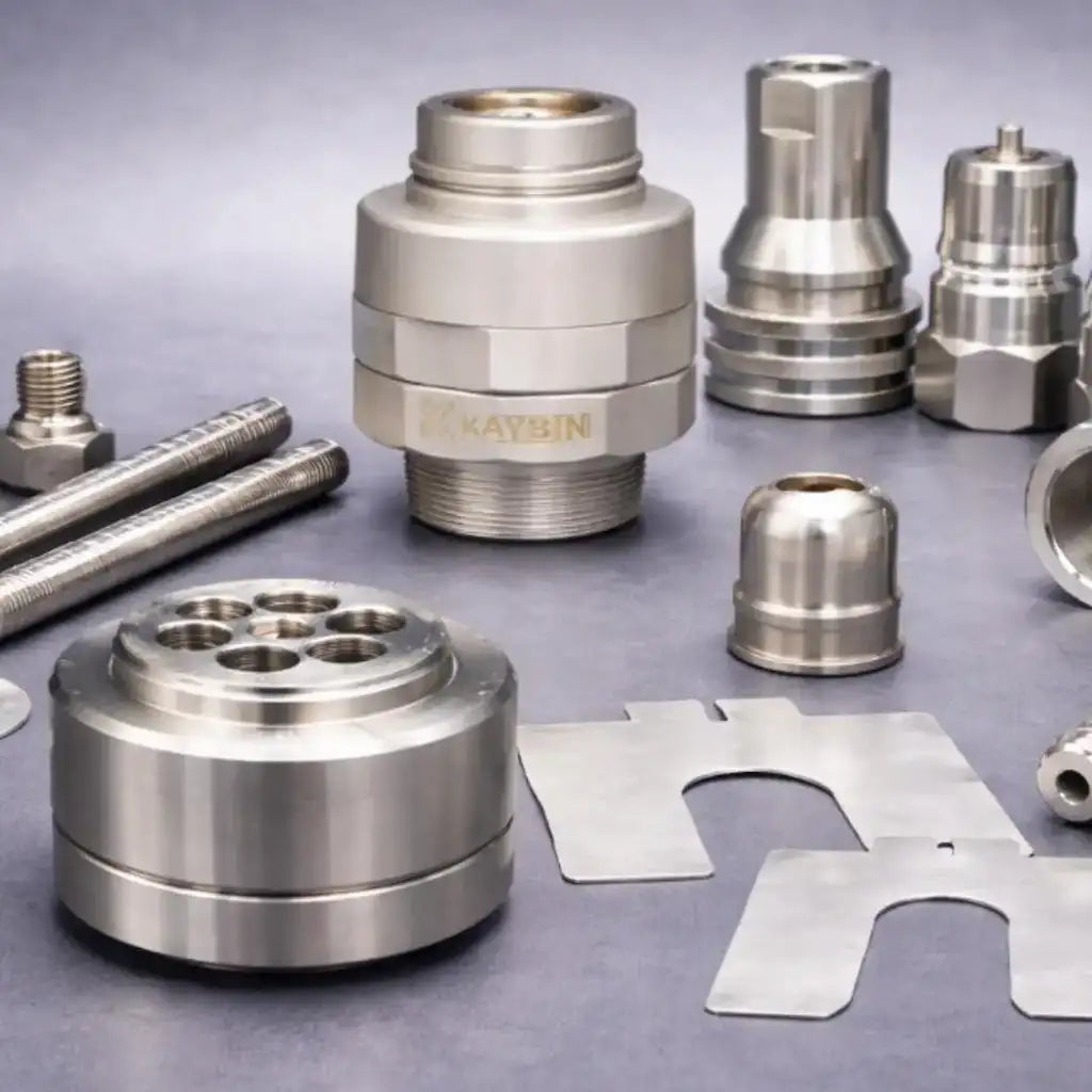 Machined metal valve and fitting components on grey background – Kaybin