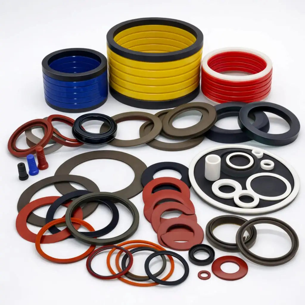 Assorted custom machined plastic seals, gaskets, wear rings and bush-type components manufactured by Kaybin for industrial and OEM equipment in South Africa and across Africa.