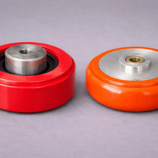 Polyurethane industrial wheels with metal hubs manufactured by Kaybin for material handling and OEM equipment.