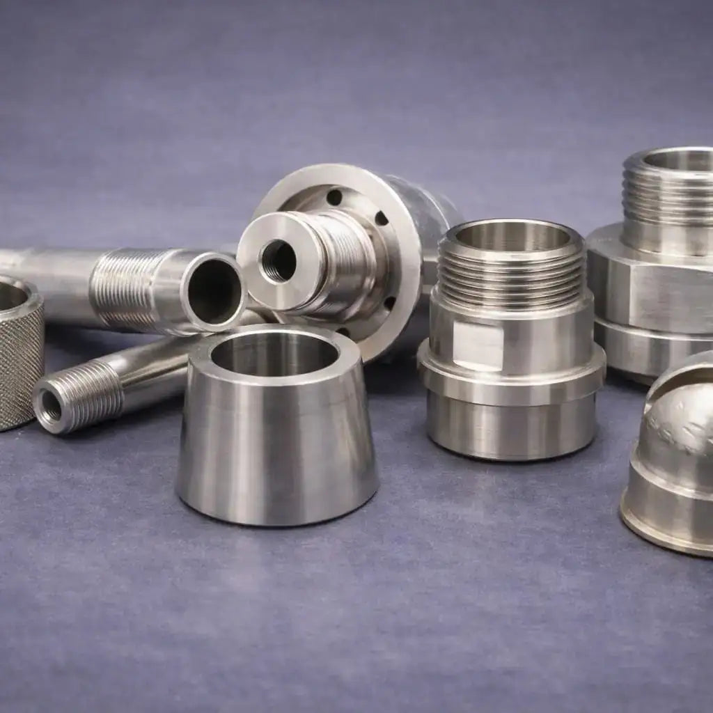 Group of precision-machined stainless ACME thread adaptors and related fittings for industrial hose, drum/IBC and transfer connections