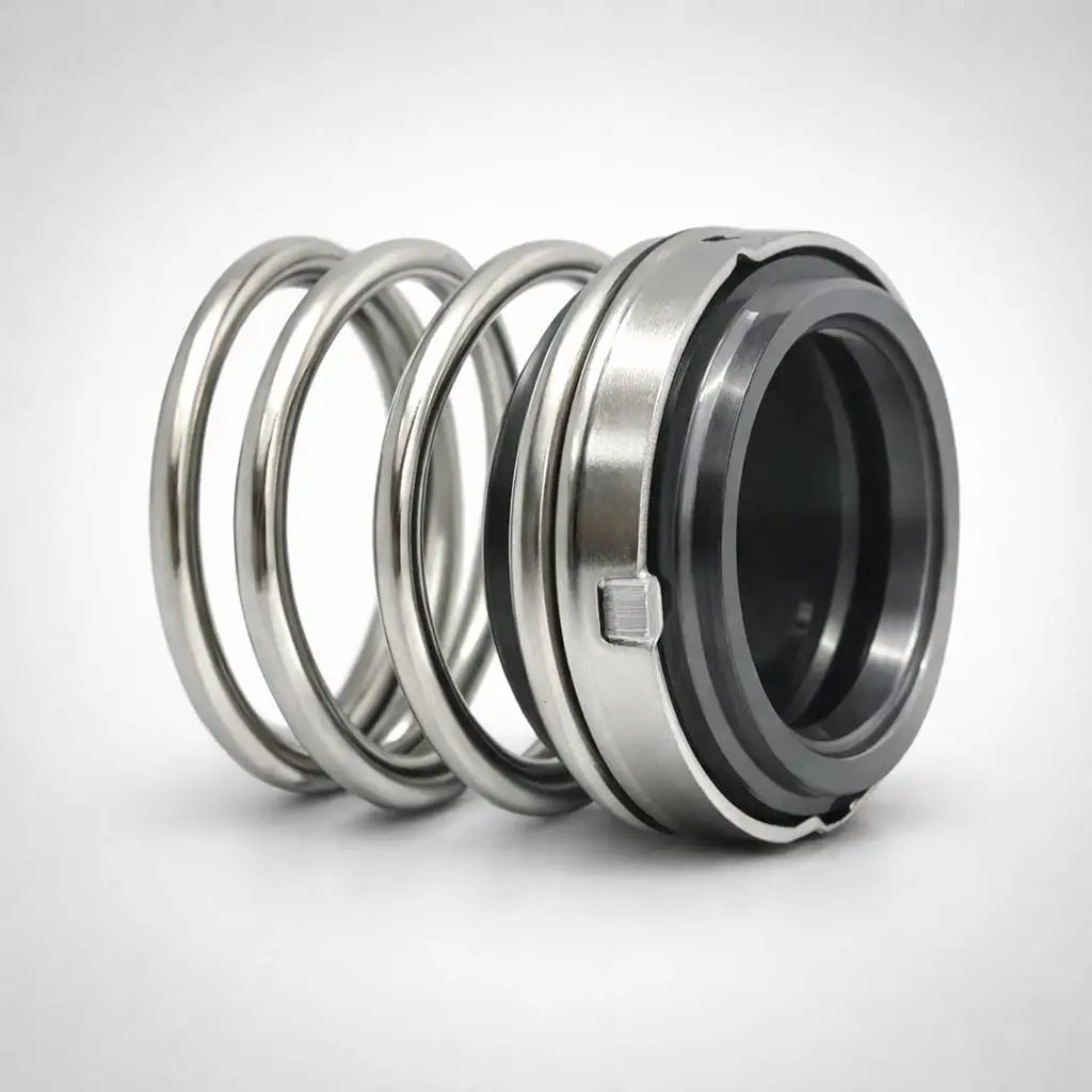 Diaphragm mechanical seal component with metal spring and black sealing face on a light grey background.