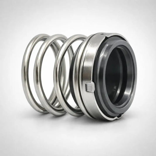 Diaphragm mechanical seal component with metal spring and black sealing face on a light grey background.
