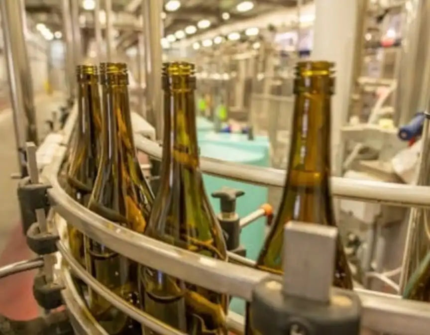 Automated beverage bottling line in food and beverage processing facility