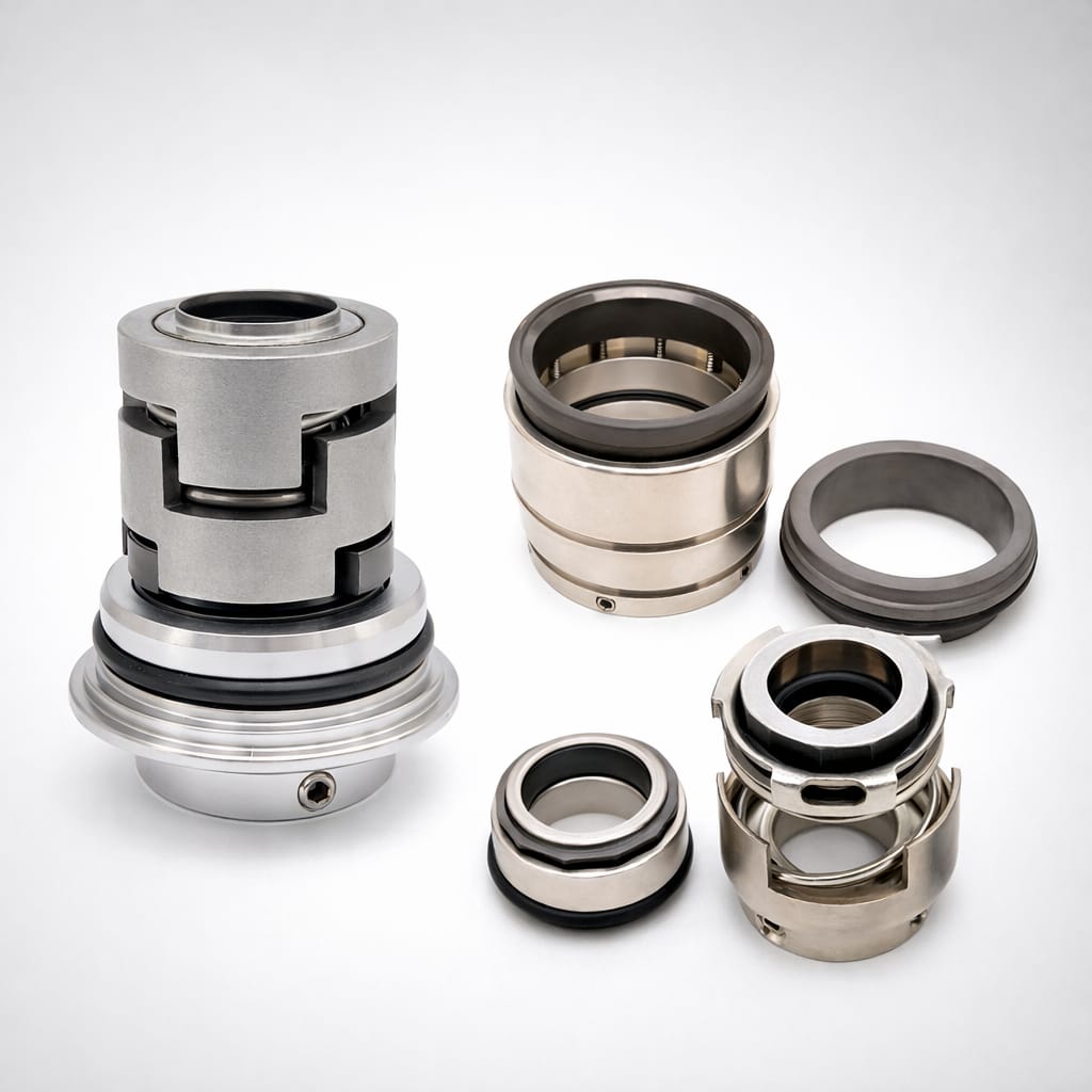 Grundfos mechanical seal components including cartridge seal assemblies, seat rings and seal faces displayed on a white background.