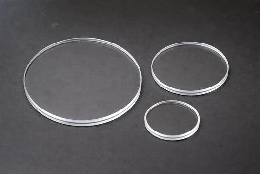 Clear round sight glass discs in multiple diameters for industrial tank, gearbox and pipeline viewing ports, precision-machined by Kaybin for process equipment.
