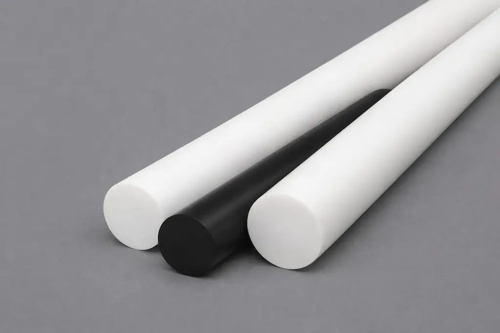 White and black engineering plastic billet stock for CNC machining, supplied by Kaybin in South Africa.
