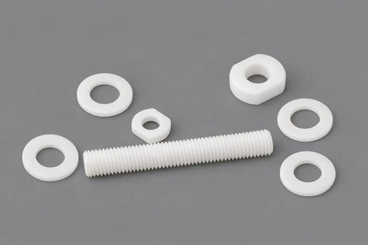 Plastic nuts, washers and threaded rod machined by Kaybin from engineering polymers for corrosion-resistant industrial fastening across South Africa and Africa.