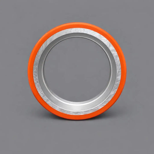 Polyurethane-coated steel shaft sleeve with bonded orange outer layer for industrial wear and corrosion protection applications.