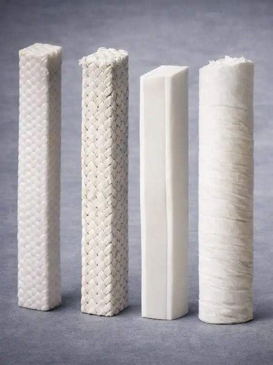 PTFE gland packing in square braided and round profile forms for chemical-resistant pump and valve sealing