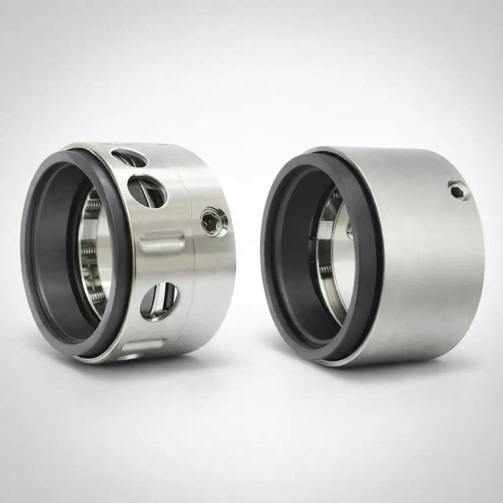 Pair of multi spring mechanical seals shown on a light grey background