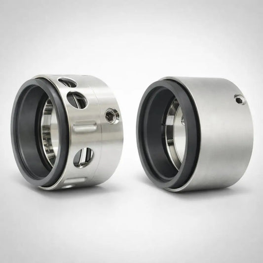 Pair of multi spring mechanical seals shown on a light grey background